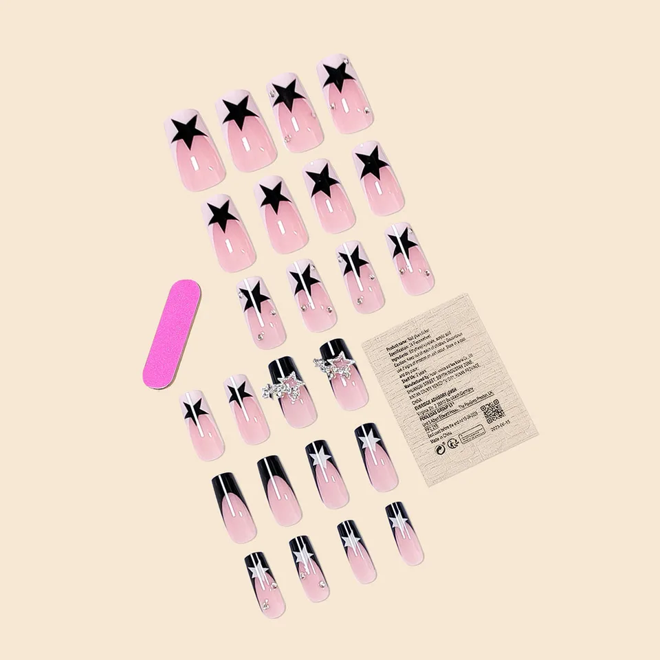 24pcs uñas postizas largas cuadradas negras francesas con diamantes y colgante de estrella, de cobertura total 4