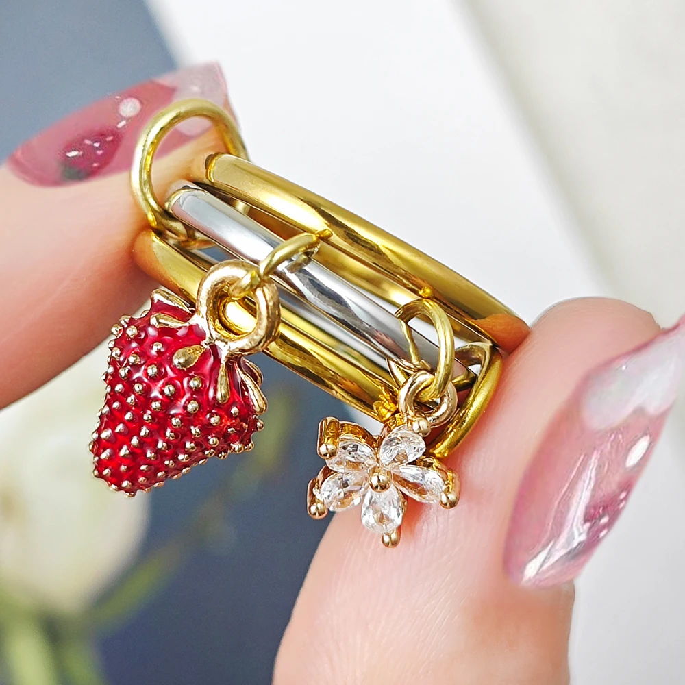Sweet Strawberry Flower Charm Ring Set For Female INS New Stainless Steel Stacking Spinelli Kilcollin Rings Handmade Y2K Jewelry