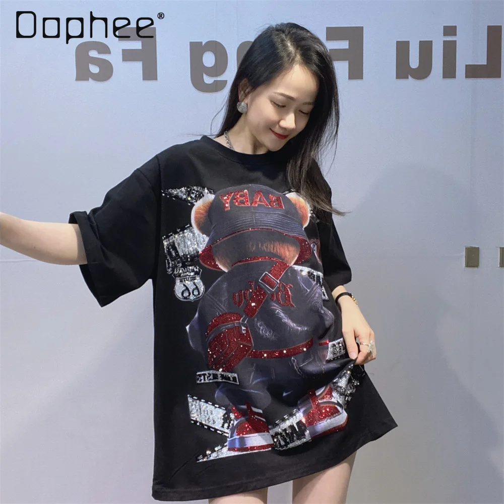 

Autumn Winter Thickened Brushed Trendy Brand Half Sleeve T-Shirt for Women Heavy Craft Rhinestone Oversized Short Sleeve T-Shirt