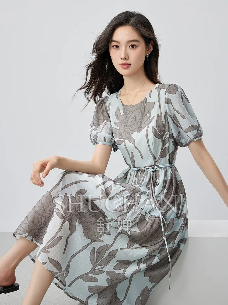 

Clear Lyocell, Branch and Leaf Printing, Lace-up Waist Bubble Sleeve Dress Women Vestidos De Fiesta Long Dresses for Women