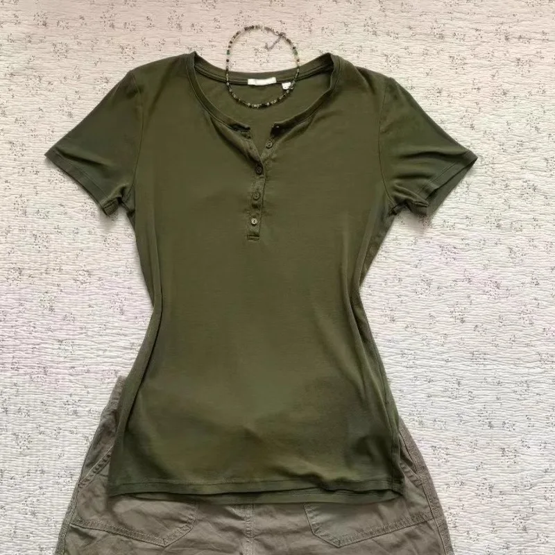 Korean Simple Short Sleeve Green T-shirt Women Summer Slim Casual Vintage Top Casual Elegant Fashion Popular Pulovers Basic Tees