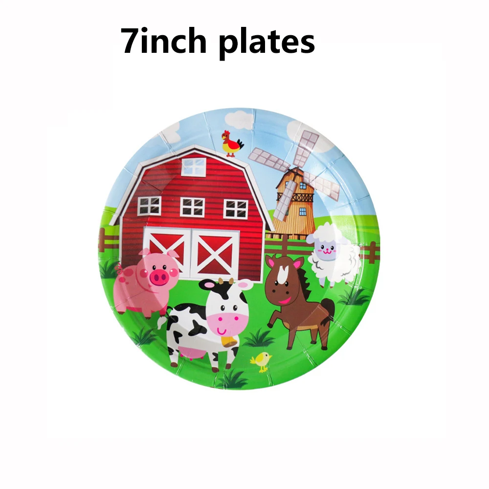 10-50Pcs Farm Theme Party 7inch Paper Plates Cups Tractor Farm Animals Disposable Tableware Barnyard Farm Birthday Party Decor