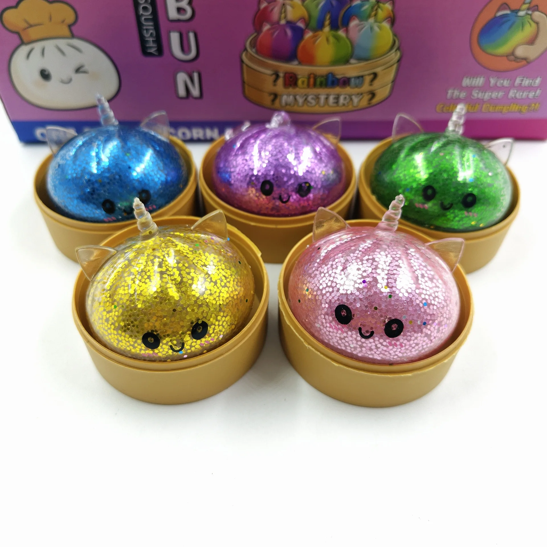 Mini Glitter Unicorn Dumpling Squishy With Steamer Box Squeeze Toy Relieve Stress for Adult Anti-Anxiety Gift