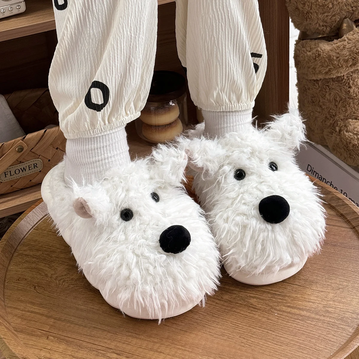 Winter Warm 3D Cartoon Dog Bear Thick Furry Women Plush Slippers Girls Lady Couple Home Cotton Shoes