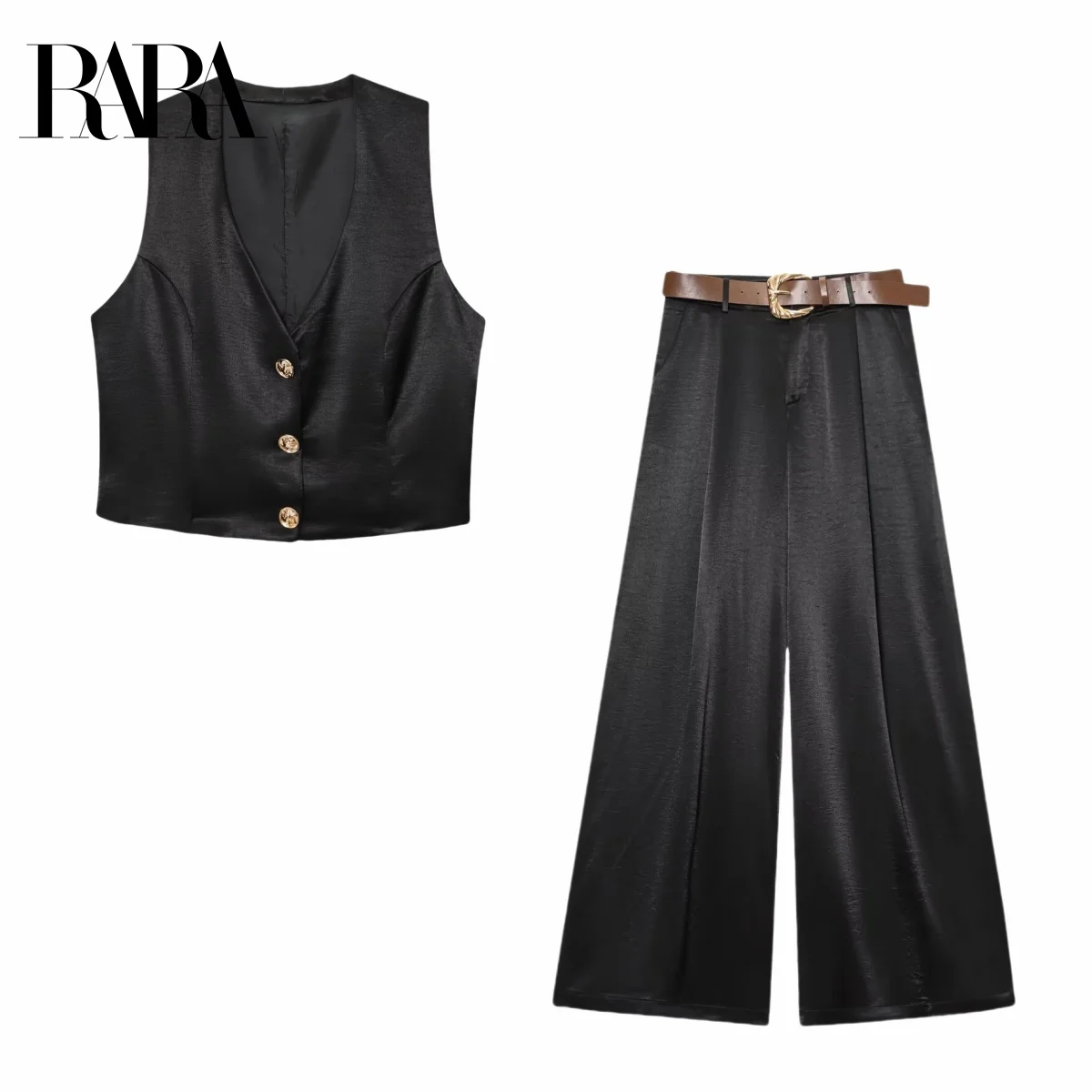 

RARA Women's Summer New Metal Button Satin Feel V Neck Elegant Cami Top Plus Belted Satin Feel Casual Wide Leg Pants