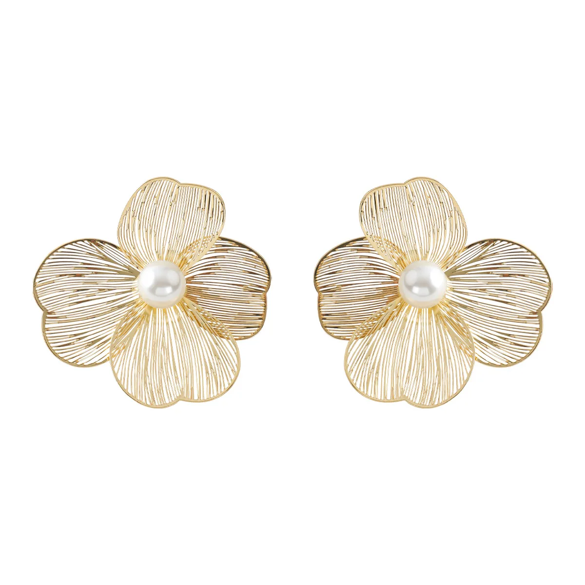 Large Metal Flower Petal Imitation Pearl Stud Earring for Women Simple New Fashion Jewelry Accessory Wholesale Christmas Gift