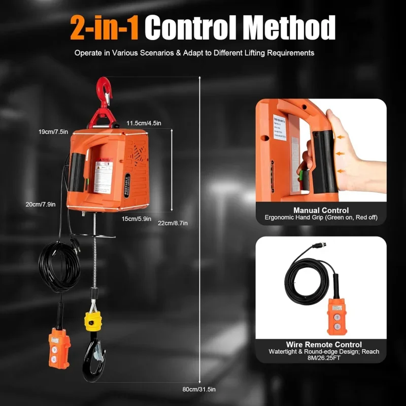 Hoist 1,100lbs Portable Electric Winch - Manual and Wired- with Strap - Max 25ft Lifting Height - Lift 16ft/min