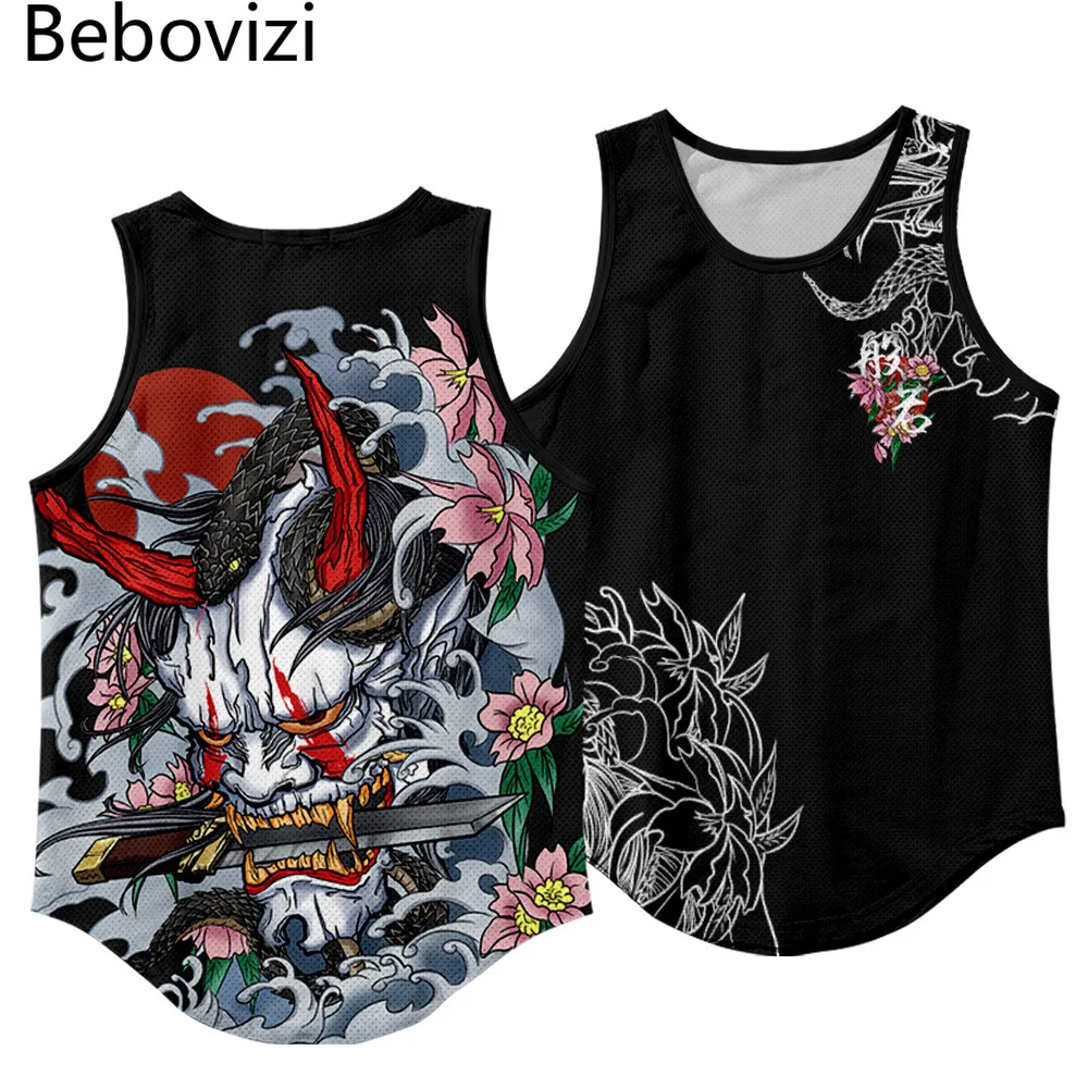 Japanese Anime Demon Print Summer Beach Vest Men\'s Mesh Top Bodybuilding Gym Muscle Fitness Sleeveless Tank Top Plus Size