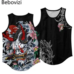 Japanese Anime Demon Print Summer Beach Vest Men's Mesh Top Bodybuilding Gym Muscle Fitness Sleeveless Tank Top Plus Size