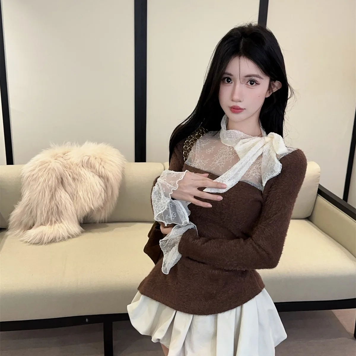   Knoten Spitze Spleißen Gestrickte Glocke Sve Top ort Rock Set frauen Faion Herbst Winter Neue Ankunft Süße Sle