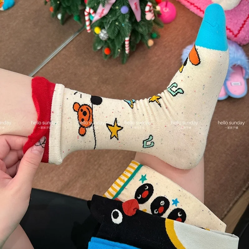 New 3/4 Pairs Pingu Medium Length Socks Women Cartoon Autumn Winter Casual Breathable Soft Fashionable Kawaii Girls Socks Gifts