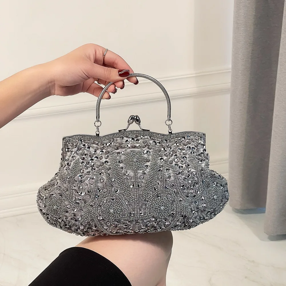 

Handmade Embroidery Beads Flower Evening Bags Classic Retro Silver Gray Black Chain Shoulder Bag for Women Party Clutch Handbags