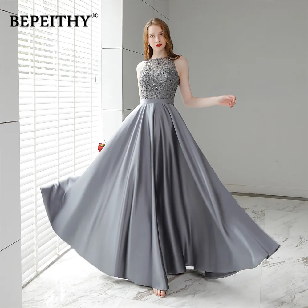 BEPEITHY Customized Gray Sleeveless Prom Dresses 2023 O Neck Lace Top Vintage Party Gowns Lace Appliques Robe De Soirée femme