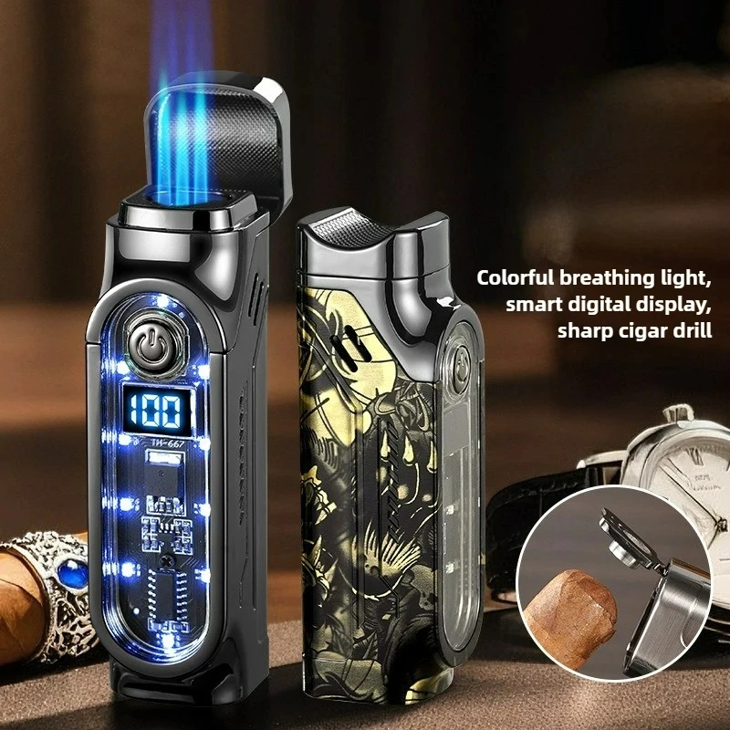 

New 3 Jet Blue Flame Butane Gas Torch Lighter with Digital Power Color Light Chip USB Cigar Diamond Knife Cigarette Holder Tool