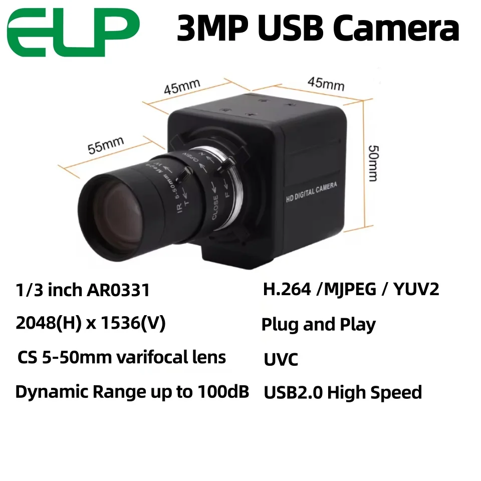 ELP 3MP USB Camera, AR0331 Sensor, H.264 30fps, 5-50mm lens, WDR up to 100dB, USB Webcam for Surveillance and Machine Vision
