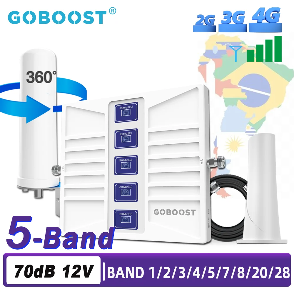 GOBOOST 5-полосный усилитель сигнала LTE 5G 800 900 1800 2100 2600 700 850 1900 2G 3G GSM Комплект повторителя сотовой сети