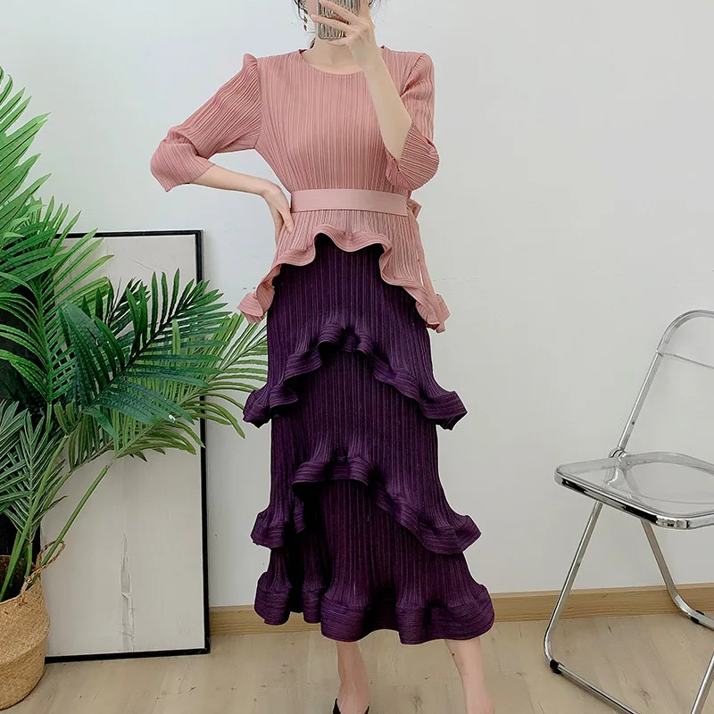 

Miyake Contrast Color Pleated Cake Dress 2023 Autumn New Design Niche Long Thin Pleated Skirt Fashion Dresses for Women