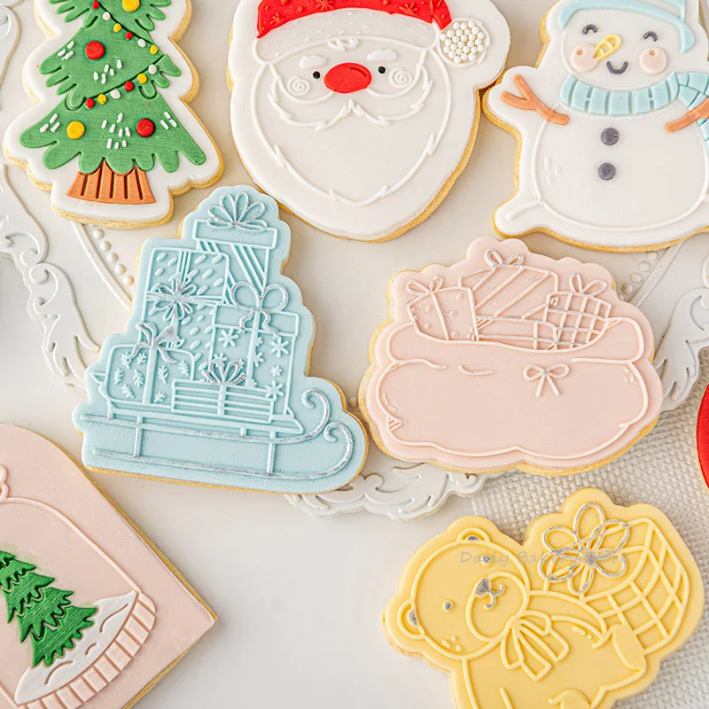 Christmas Elk Bells Texture Acrylic Cookie Embosser Mold Gift Santa Tree Fondant Icing Biscuit Press Stamp Mold Baking Tools