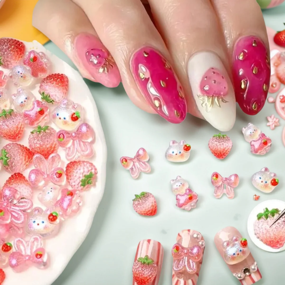 50Pcs 혼합 만화 딸기/토끼/나비 네일 참 플랫 백 수지 딸기 네일 장식 DIY Sweet Girl Bunny Nail Parts
