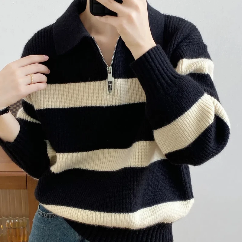 Autumn Winter New Fashion Turn-down Collar Half Zipper Long Sleeve Striped Sweaters Women's Clothing Casual Knitting Korean Tops