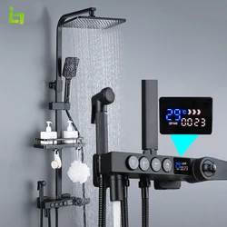 Black Display Shower Faucet Set Rainfall Bathtub Tap With Bathroom Shelf Water Flow Produces Electricity