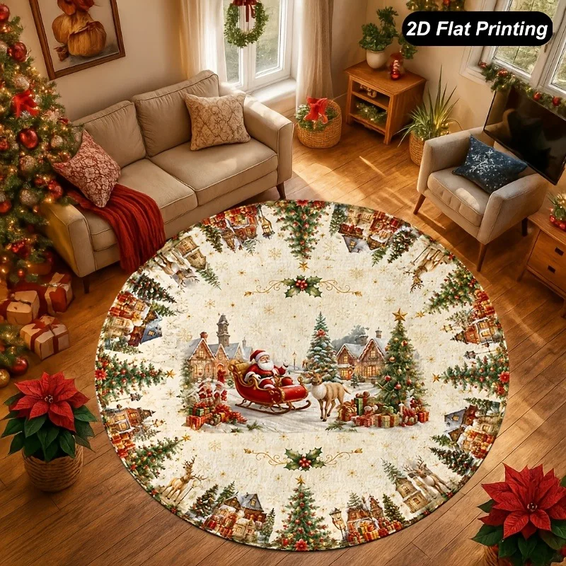 Holiday Village Sleigh Rug vintage cottages santa sleigh reindeer tree holly garland art 80x80cm