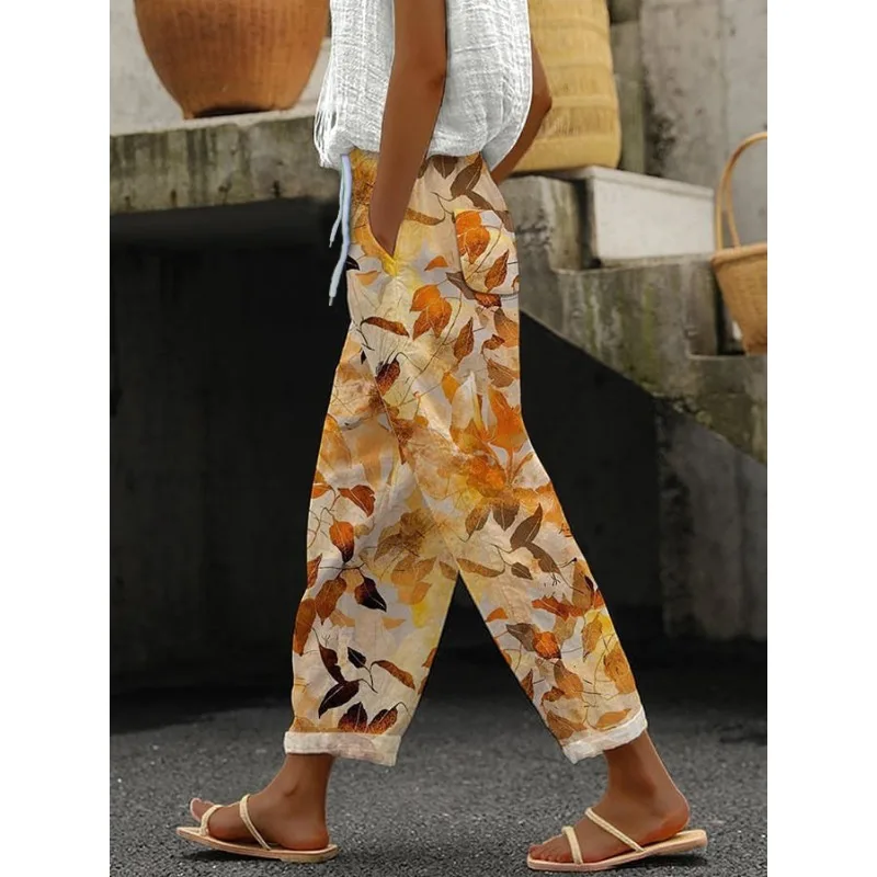 Ladies New Hot Plus Size Printed Simple Roll-up Casual Pants Streetwear Women PantsNine-minute Pants Breathable CoolSummer