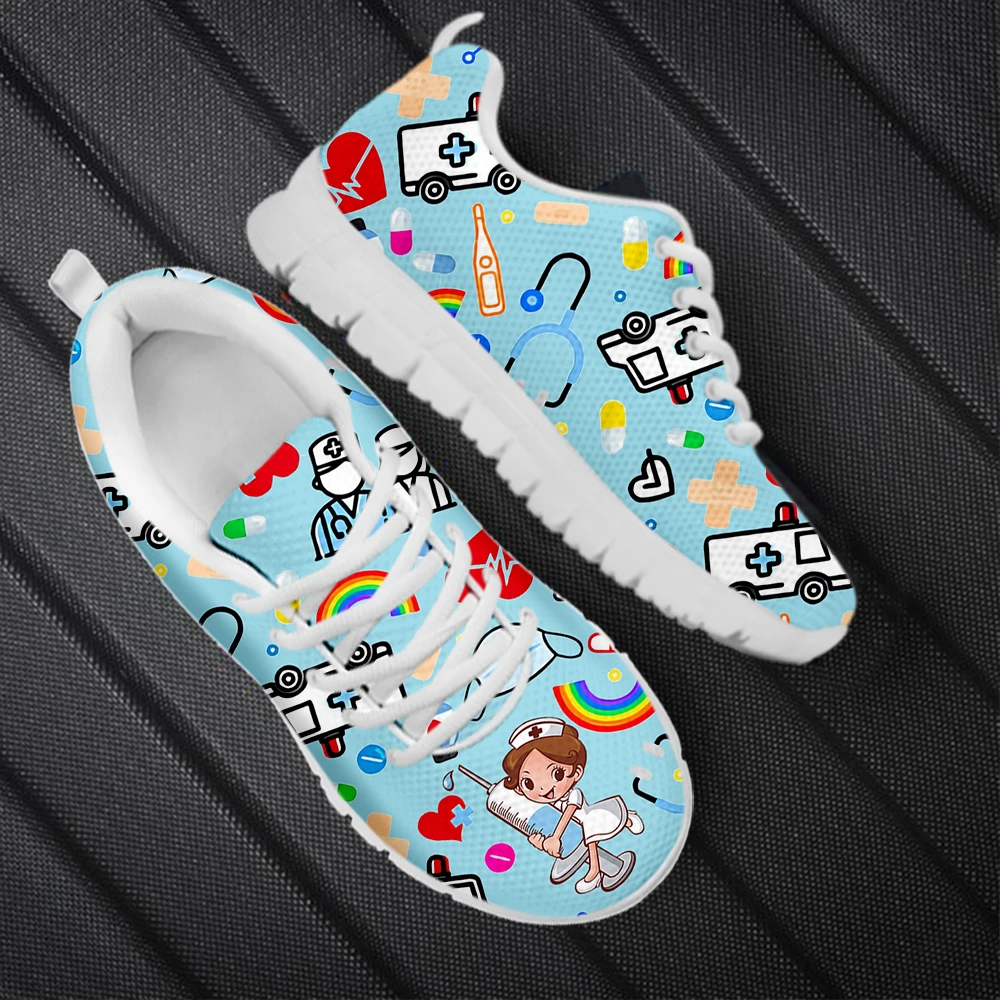 INSTANTARTS 2023 New Nurse Shoes Classic Cartoon Nurse Girls Ambulance ECG Medical Pattern Lace-up Sneakers Outdoor Footwear Hot