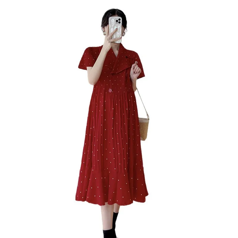 Maternity Dress Summer 2026 Elegant Temperament Polka Dot Double Breasted Collar Neck Ruffle Dress For Pregnant Women