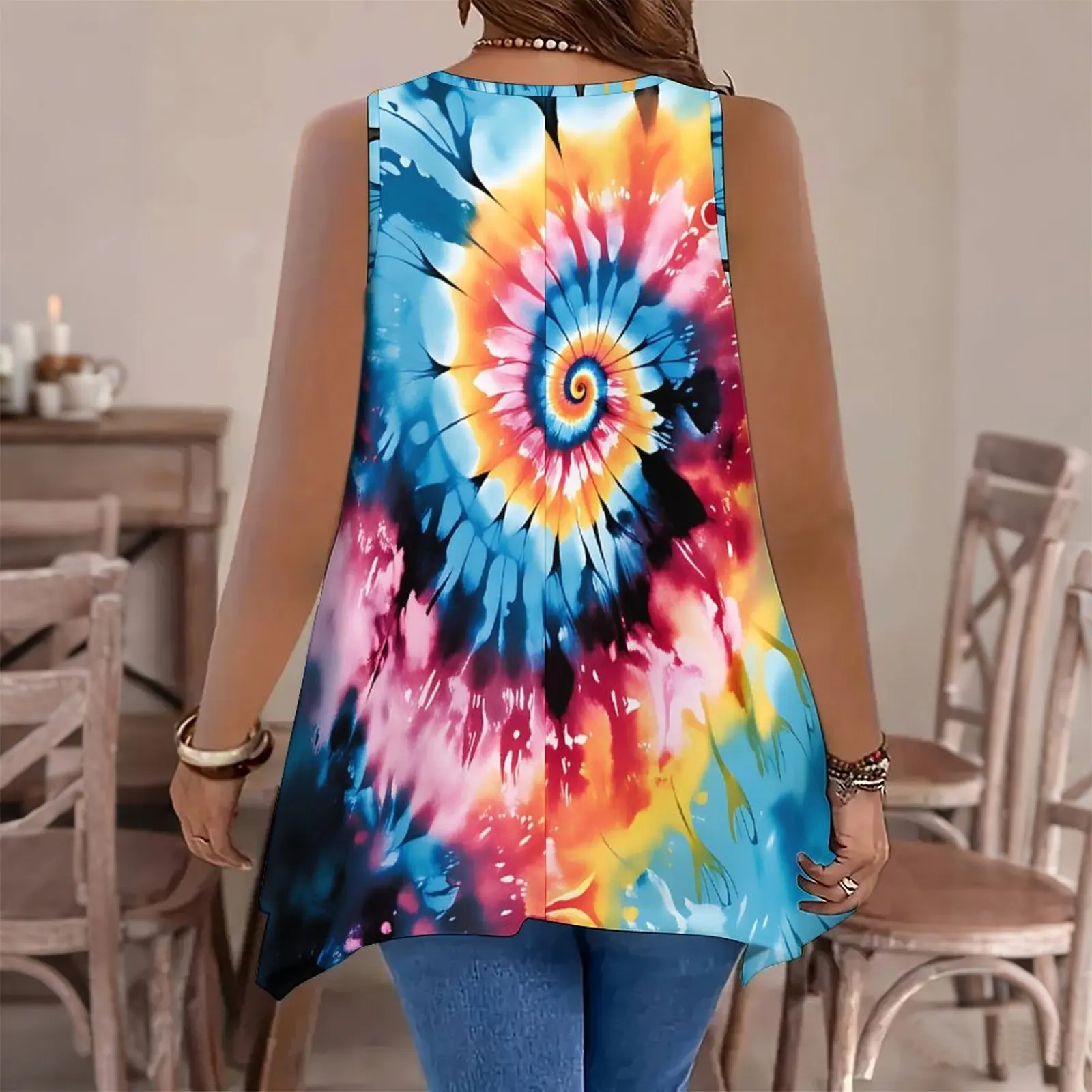 Ladies' Slim Printed Sleeveless T-shirt Retro Round Neckbeach Vacation Fashionable Tops 3