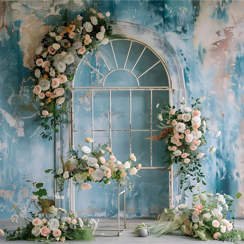 Mehofond 사진 배경 꽃 창 소녀 생일 파티, 출산 초상화, 웨딩 꽃 블루 벽 배경 포토콜