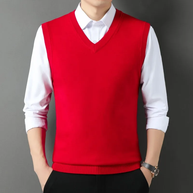 Men's Autumn and Winter Wool V-neck Knitted Vest, Business Casual Solid Color Vests. Simple and Stylish Middle-aged Dad Outfit