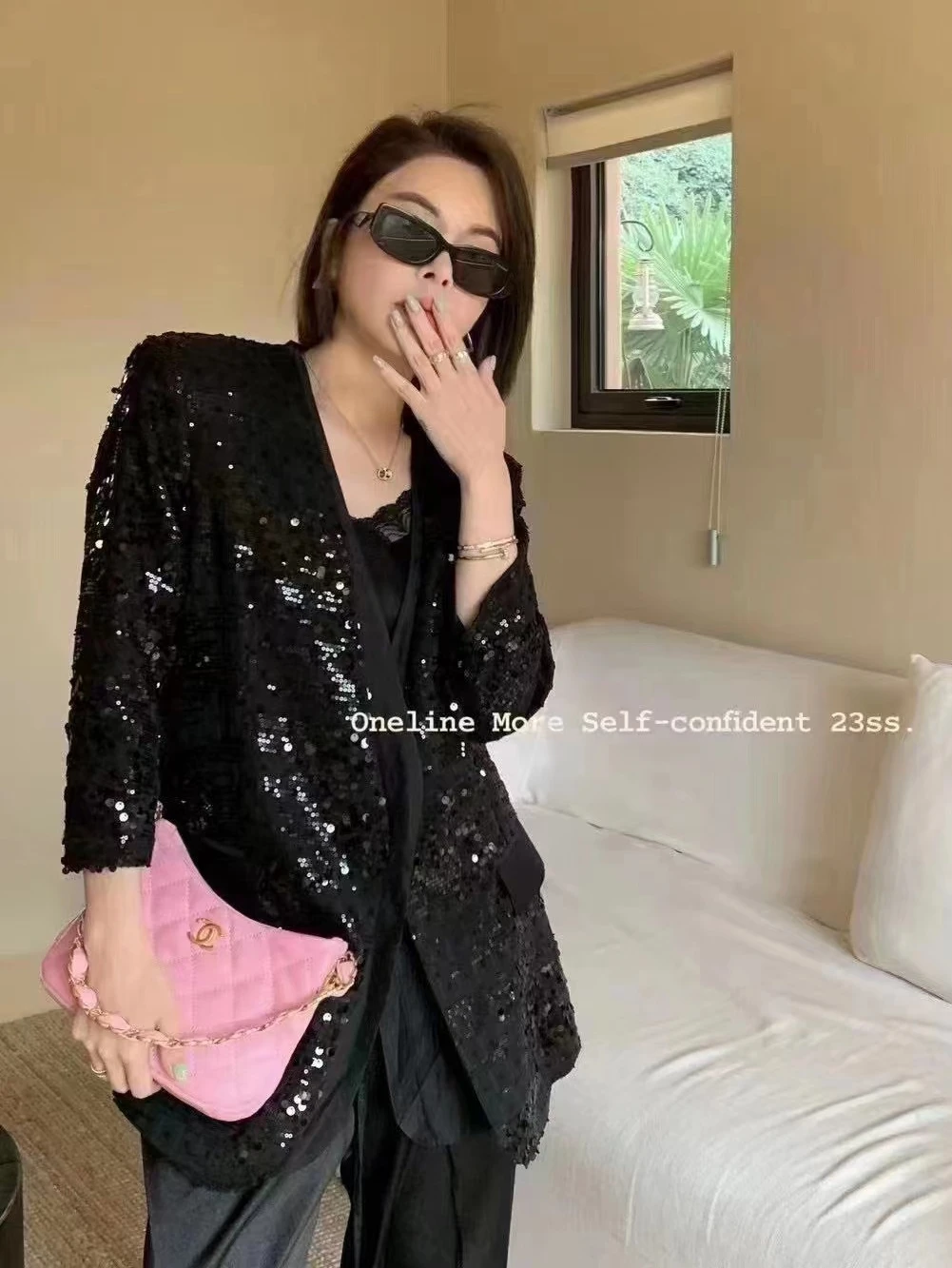 Women New In 2023 Korean V-neck Sequin Tailored Jacket Women\'s Mid Length Shiny Party Casual Sparkling Blazer Top Clothing