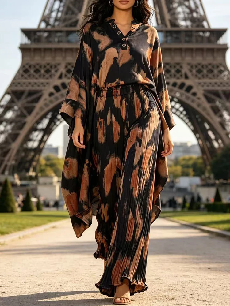 Designer retro geometric print v-neck pullover irregular dress 2026 autumn women's clothing + loose wide-leg pants fashion suit