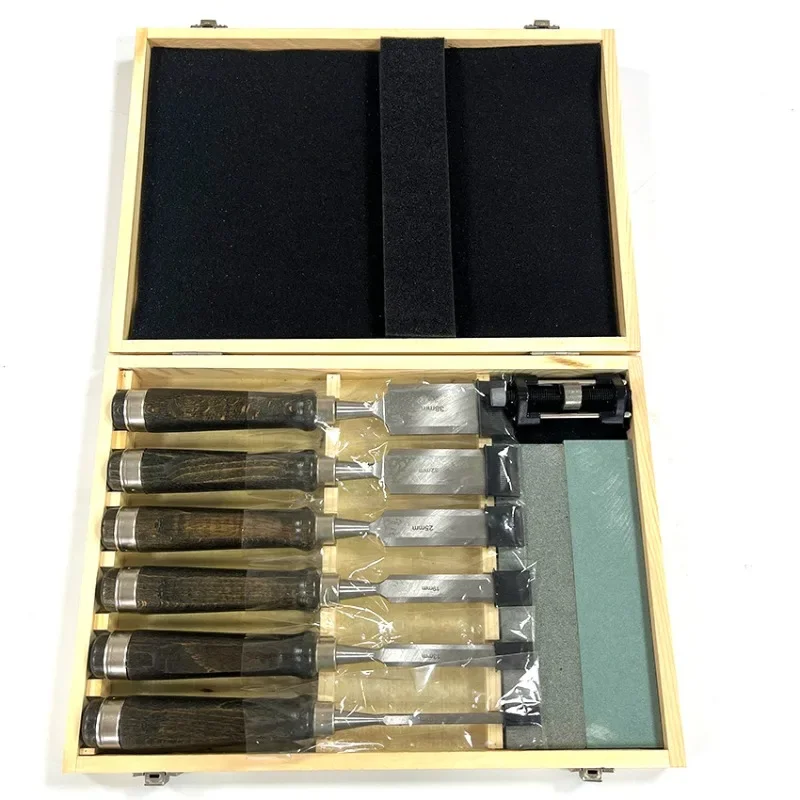 Carving Knife Set High-grade 6-piece Set Black Walnut Handle Woodworking Tool Carving Chisel + 2 Oil Stones + Sharpener