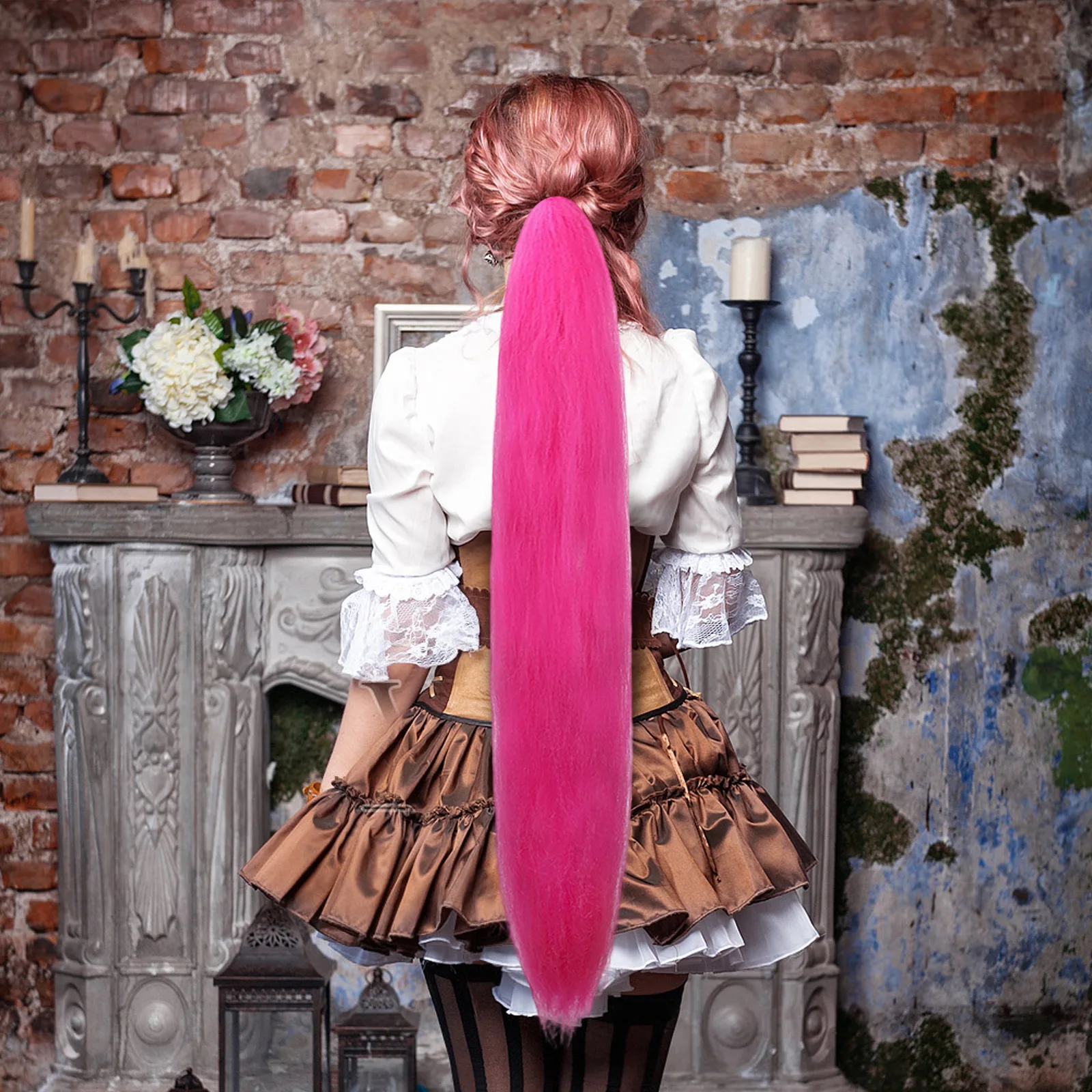 2 قطعة ذيل الحصان الوردي الساطع تمديد الباروكات الفتيات عطلة حفلة رواية فستان ذيل حصان ملون السيدات نظرة يومية ديكور كوس شعر مستعار