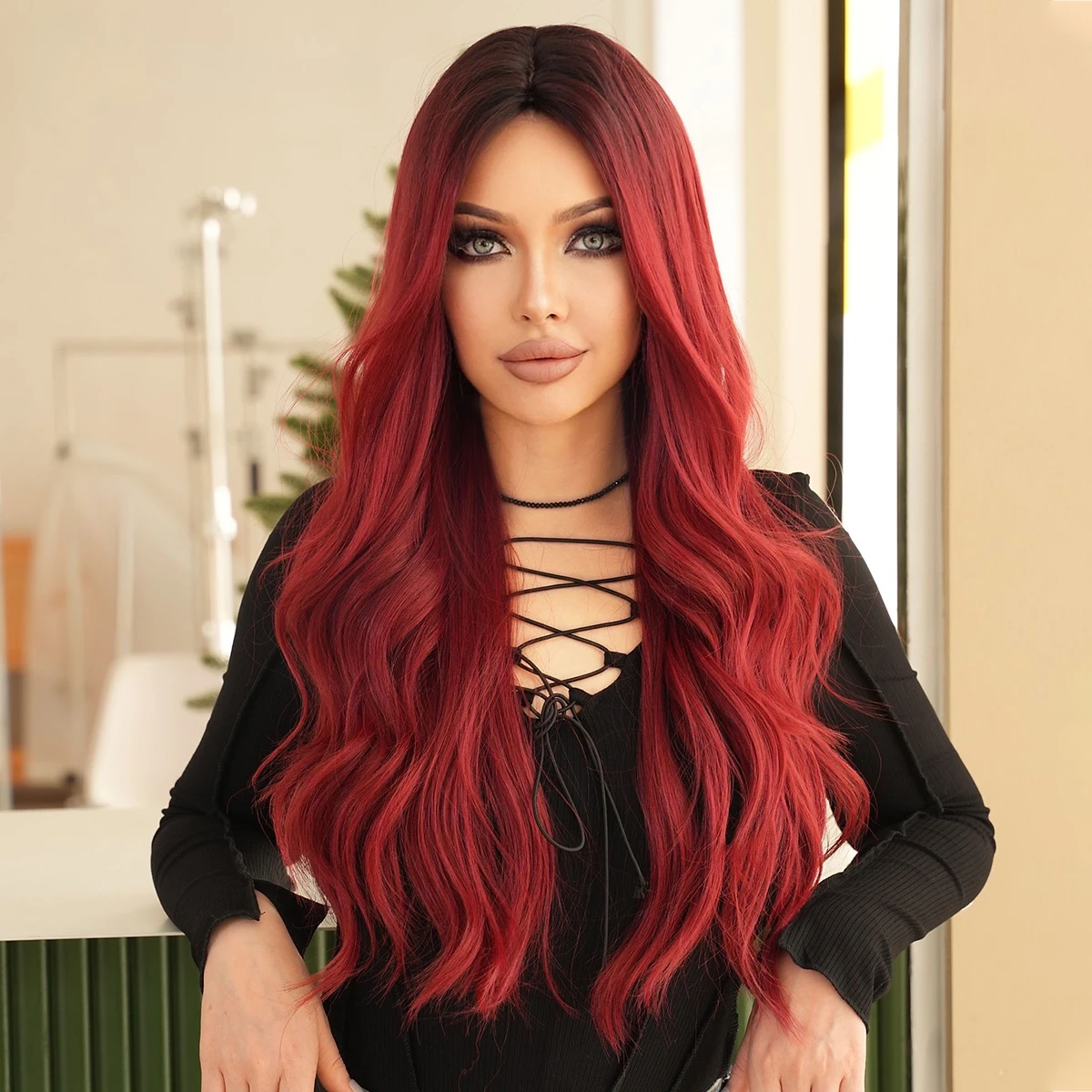 

Costume Loose Water Wave Wine Red with Dark Roots High Quality Synthetic Layered Middle Part DarkRed Hair Wig for Women