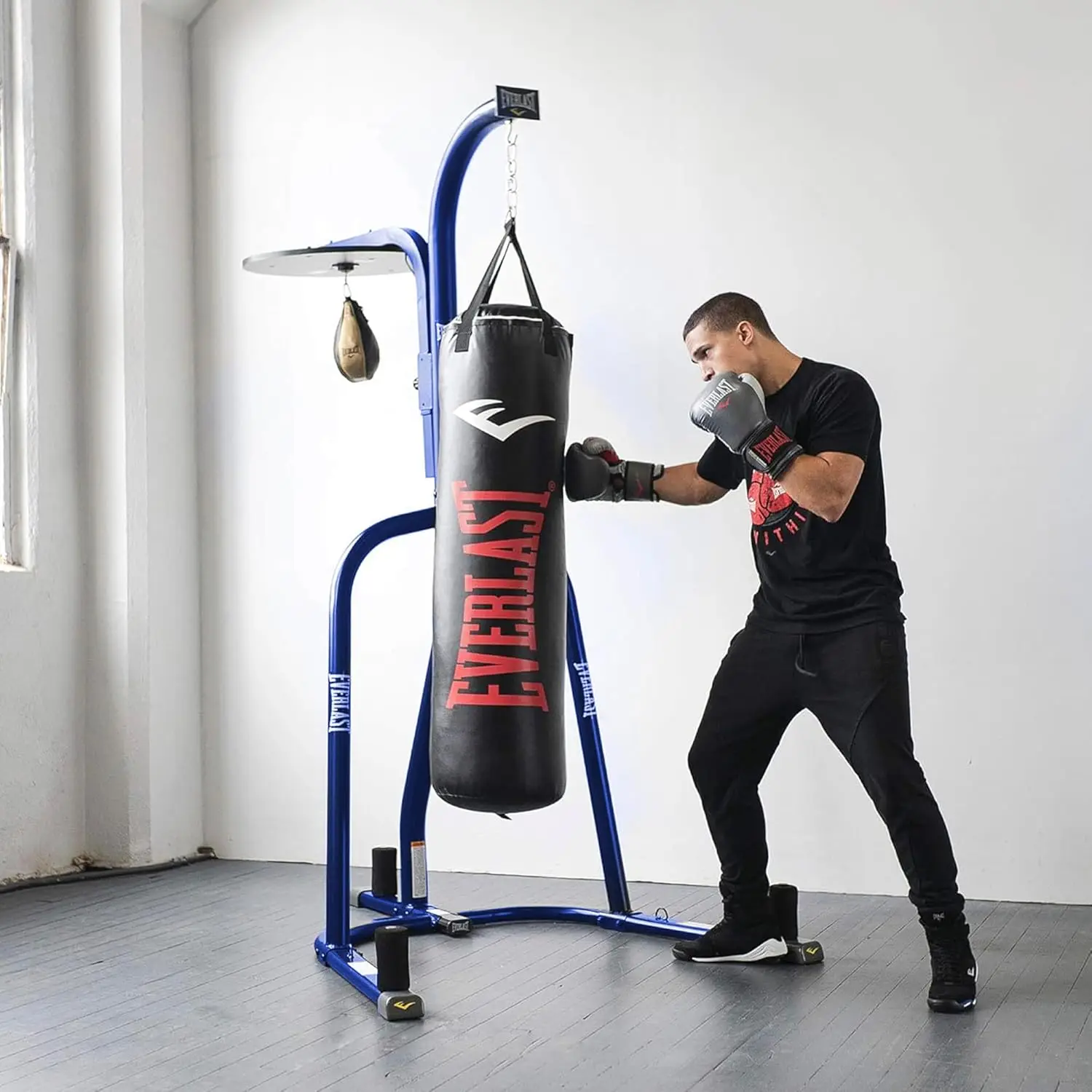 

Everlast Steel Heavy Punching Bag Stand Workout Equipment for Kickboxing, Boxing, and MMA Training with 3 Plate Pegs