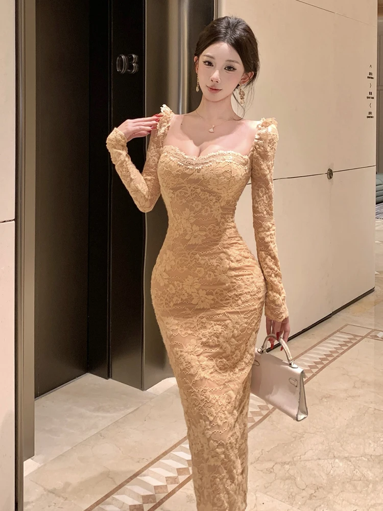 

Сексуальное кружевное длинное платье в стиле ретро с разрезом Sve Dr Ba, облегающее платье для женщин с квадратным воротником, полное очарования и элегантности