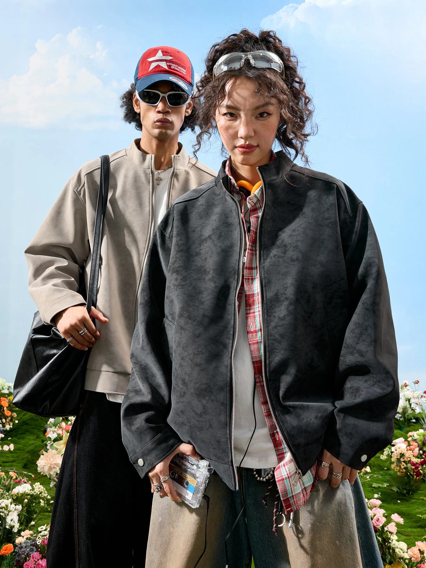 

Nuthink American Retro Tie Dye Faded PU Leather Jaet Stand Collar Adstrative Sle Coat for Men And Women Spring 2026