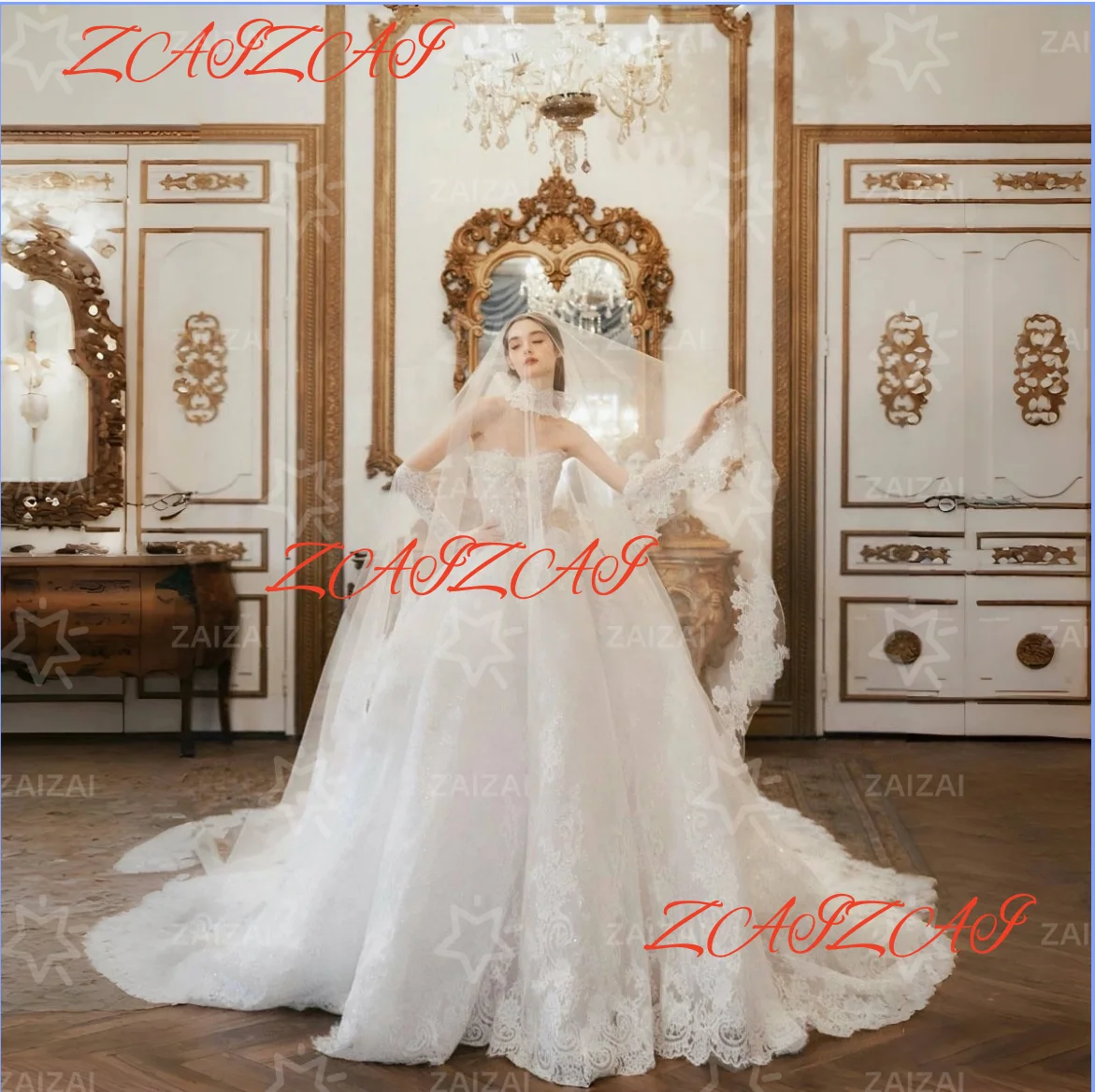 Customized Exquisite Shining Beading Wedding Dresses Strapless Long Sleeve Vestido De Novia Lace Embroidery Made Bridal Gown