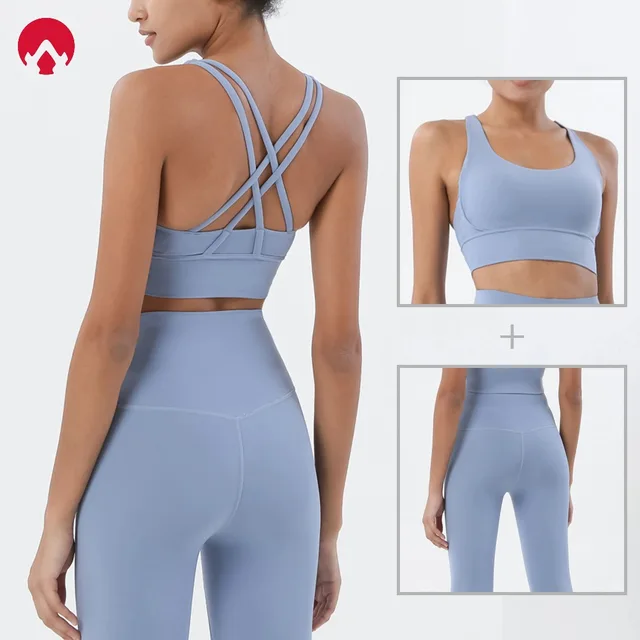 Damski 2-częściowy zestaw sportowy - legginsy z wysokim stanem modelujące pośladki z kieszenią z tyłu i biustonosz sportowy, strój do jogi/na siłownię/do biegania
