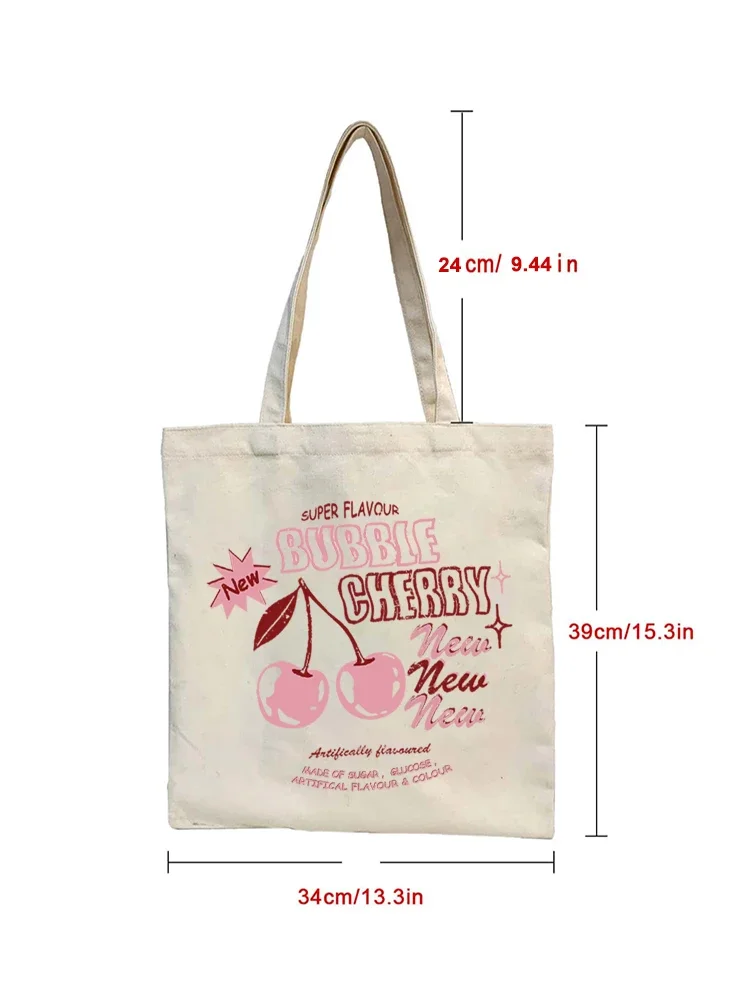 1pc Women Canvas Shoulder Cute Cherry Pattern Shopping Bag Students Books Bag Shopping Handbags Tote For Girls