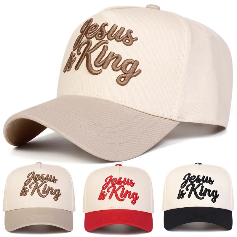 1pc Jesus Is King 3D Embroidery Baseball Cap Spliced Curved Brim Dad Hat Adjustable Christian Faith Sun Hat Religious Casual Cap