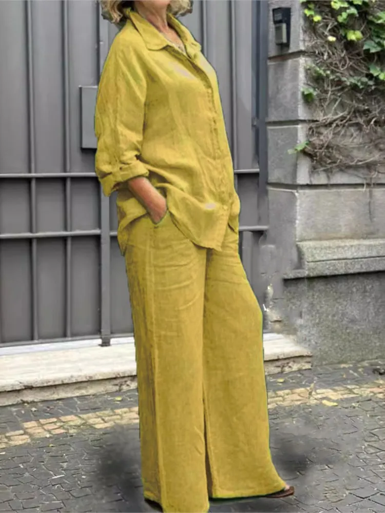 

Модная хлопково-льняная рубашка с длинными рукавами, женский комплект, весенне-осенний свободный хлопковый льняной широкий брюки, женский офисный комплект из 2 предметов