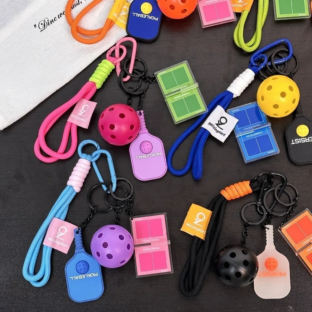 New PVC Pickleball Paddle Set Keychain Detachable Dopamine Simulation Pickleball Keyring with Buckle Bag Charm Bag Accessories