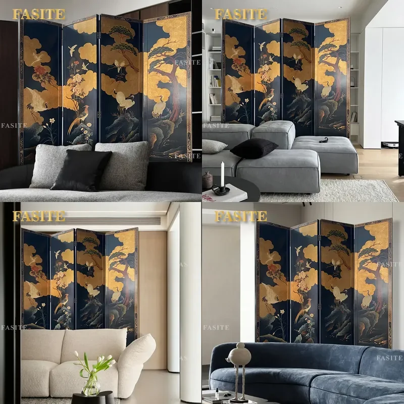 For New Chinese Style Folding Room Divider Screen Mobile Office Entrance Partition Lacquer Painting Home Small Apartment