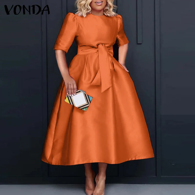 VONDA Plus Size 5XL Elegant Satin Summer Midi Dress Women Short Sleeve Fashion Party Vestido Casual Belted Loose Solid Long Robe