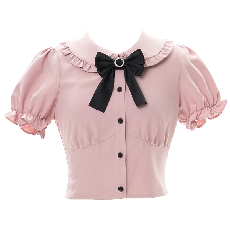 Sweet Japanese Pink Shirt Black Suspender Skirt Summer New Women Outfits Mine Puff Sleeves Ruffled Bow Lace-up Slim Skirt Sets