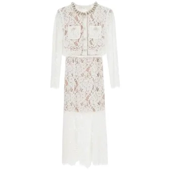 Robes longues en dentelle de luxe pour femmes, ensembles de jupes 2 pièces pour femmes, veste à manches longues en cristal, jupe mi-crayon en Y, olympiques de vacances d'été